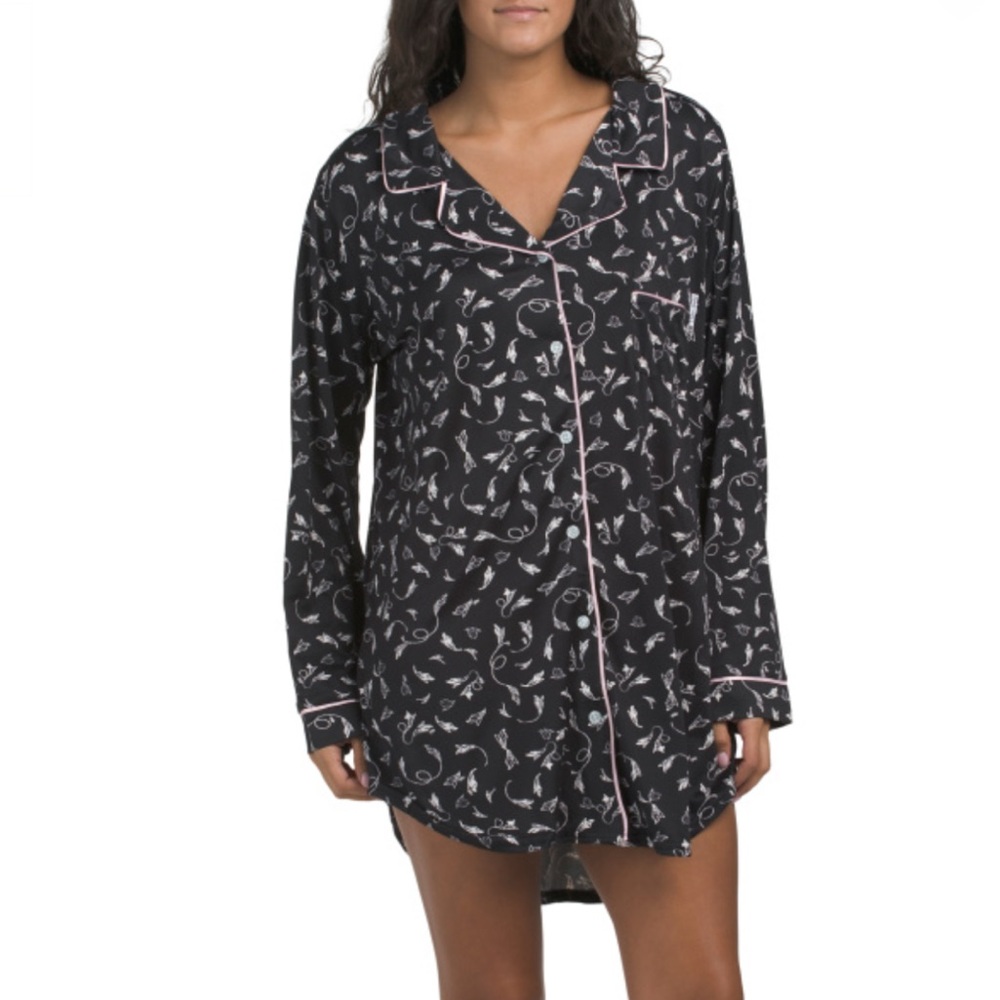 NINE WEST Gray Notch Collar Night Shirt Pink Piping Detail Women's Small NWTS